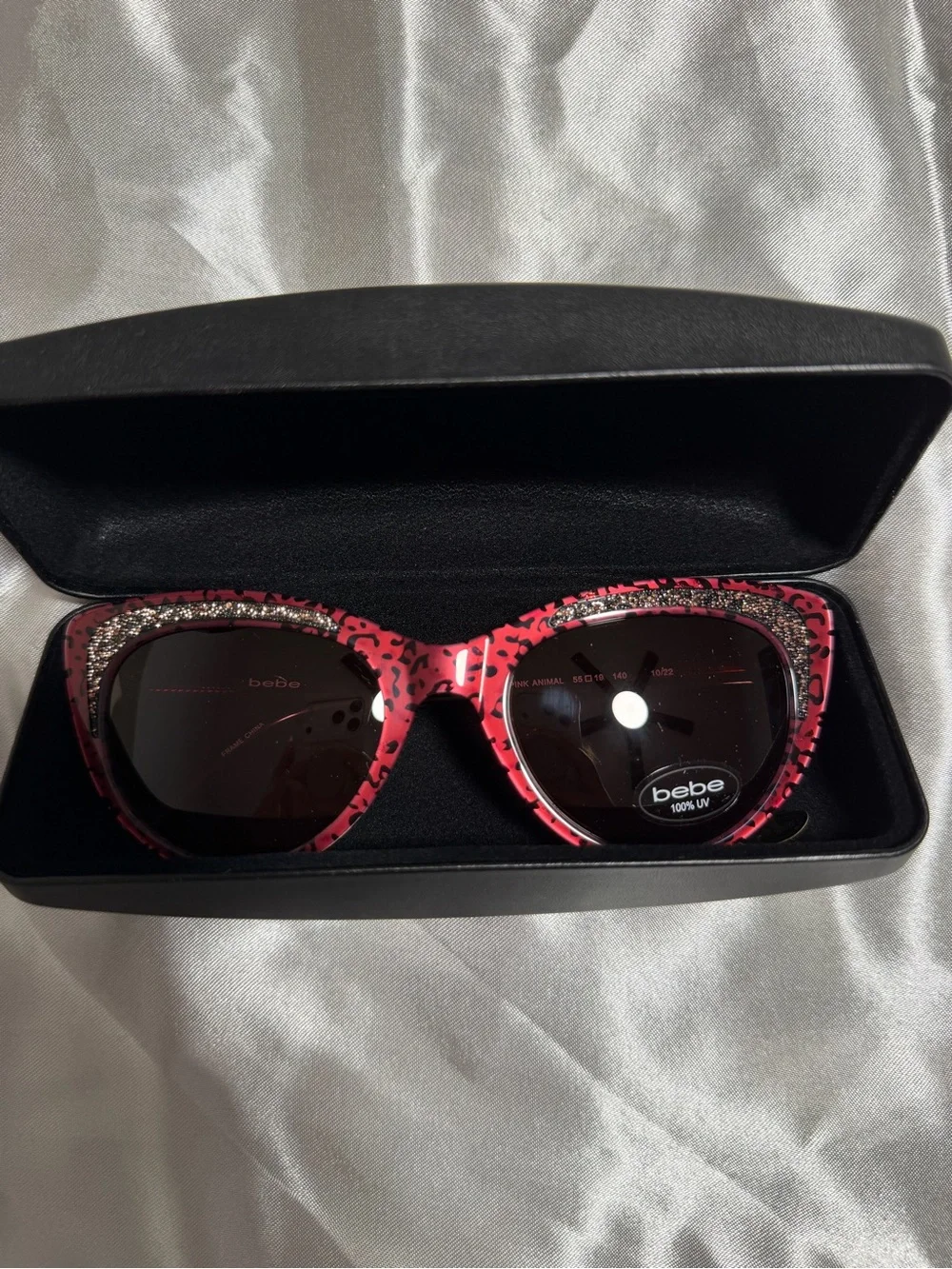 Bebe Womens Rhinestone Cat Eye Sunglasses Pink Leopard Animal Print Y2K And Case